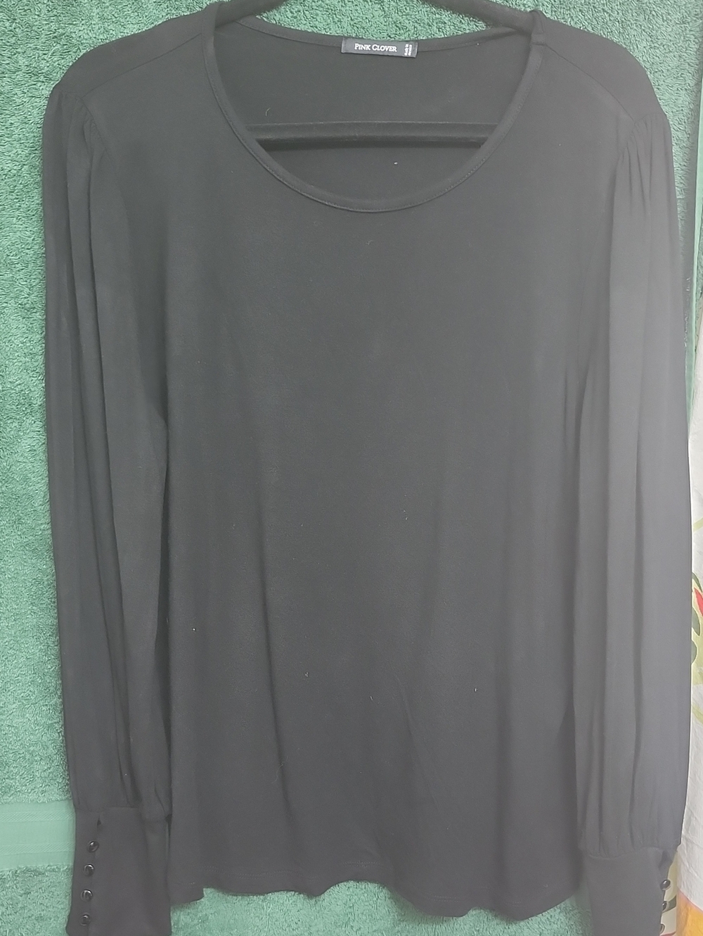 Pink Clover Black Long Sleeve Scoop Neck Top with Button Cuffs